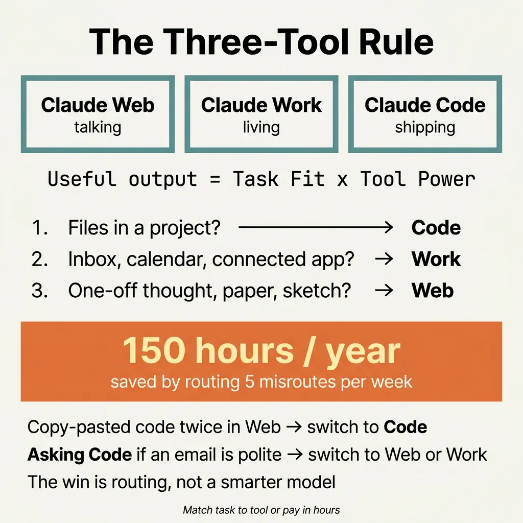 The Three-Tool Rule infographic. Web for talking, Work for living, Code for shipping. Roughly 150 hours per year saved by correct routing.