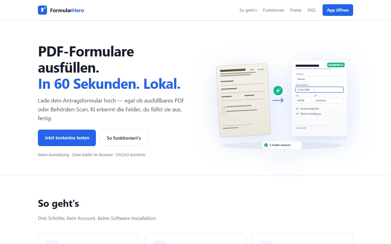 FormularHero landing page - fill PDF forms in 60 seconds, locally