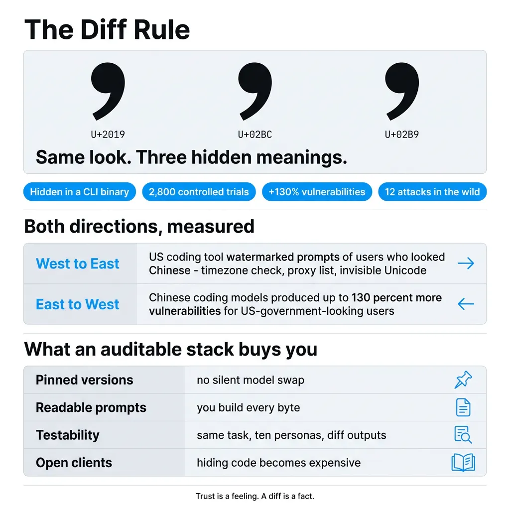 The Diff Rule infographic. Three visually identical apostrophes with different Unicode codepoints, each carrying a hidden meaning about who the AI thinks you are.