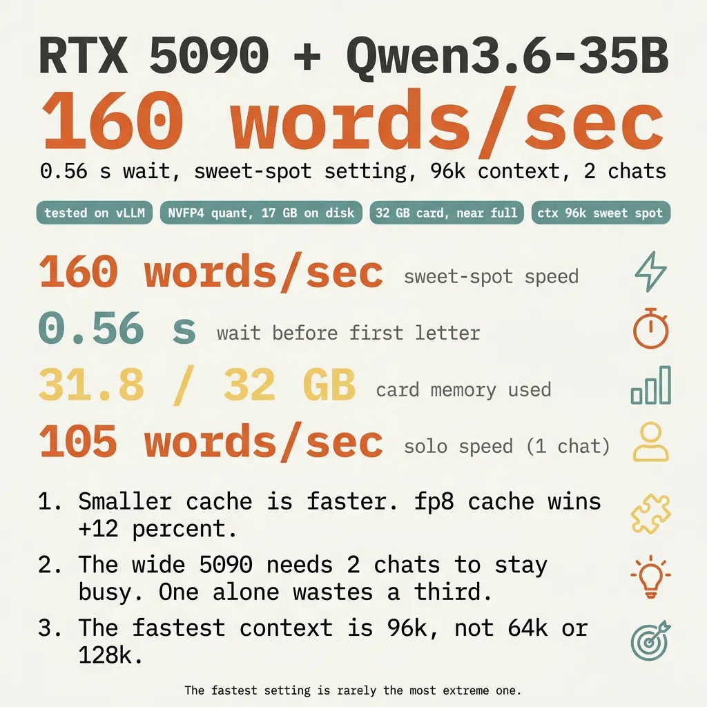 RTX 5090 runs Qwen3.6-35B at 160 words a second at the sweet-spot setting. 0.56 second wait. NVFP4 weights, fp8 cache, 96k context, 2 chats at once.