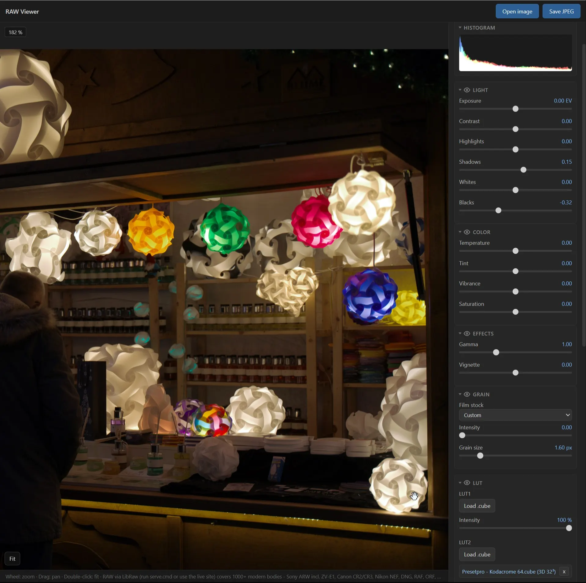 RAW Viewer - decoded ARW with the WebGL2 grade panel
