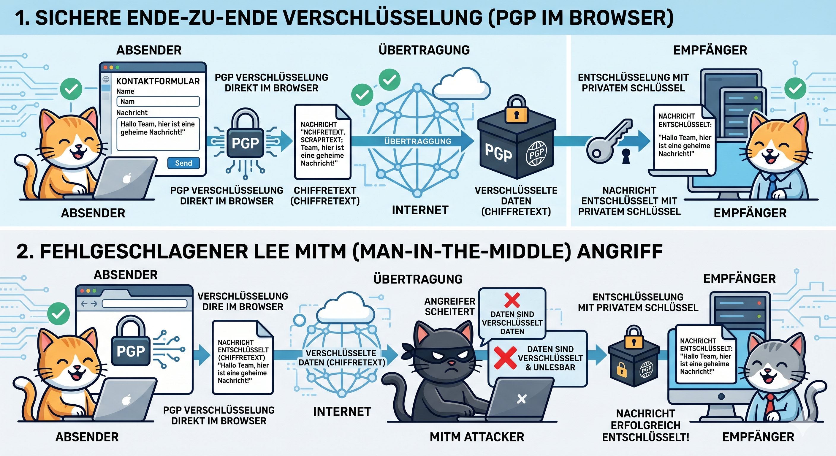 Wie PGP-Ende-zu-Ende-Verschlüsselung funktioniert: Absender verschlüsselt im Browser, Chiffretext wandert über das Internet (auch gegen Man-in-the-Middle sicher), nur der private Schlüssel des Empfängers entschlüsselt.